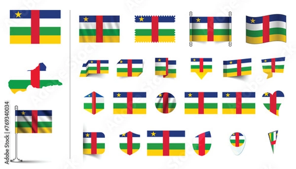 Fototapeta set of Central African Republic flag, flat Icon set vector illustration. collection of national symbols on various objects and state signs. flag button, waving, 3d rendering symbols