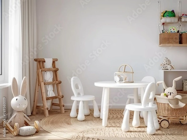 Fototapeta Nursery Mockup Featuring a Neutral Unisex Children's Room Interior. Presented in 3D Render. Made with Generative AI Technology