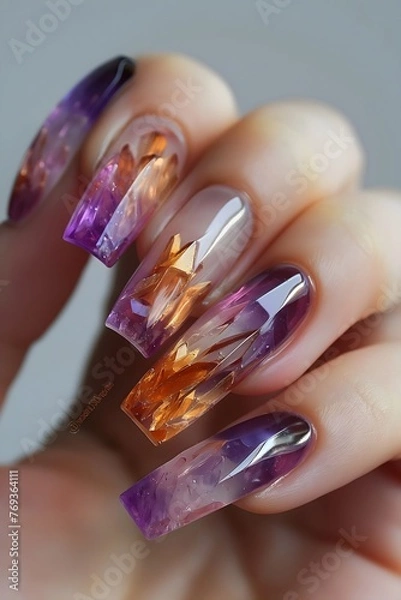 Fototapeta Close up on nail art with beautiful, romantic, gem, natural looking, luxury, basic background, square nails, purple and orange tones