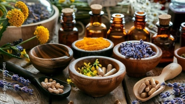 Fototapeta A diverse array of herbal medicine ingredients and natural supplements displayed in wooden bowls and bottles, highlighting holistic health practices.
