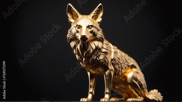 Fototapeta Gold coyote statue on plain black background facing forward from Generative AI