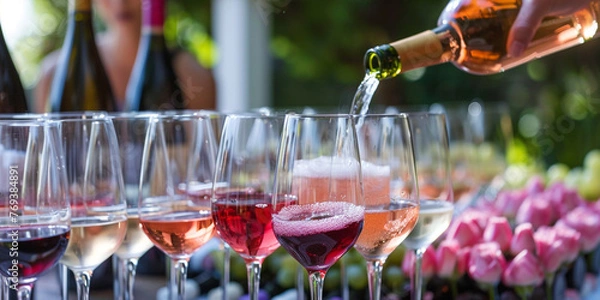 Fototapeta Various types of wine are being poured into multiple glasses at a wine tasting event