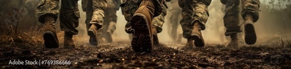 Obraz Soldier Troops's boots on the march through a dusty landscape, capturing the grit of a military exercise.