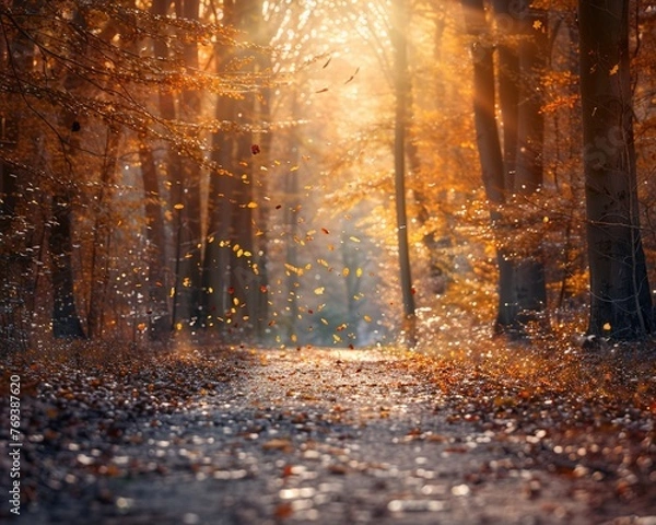 Fototapeta Forest path in autumn, low sun through trees, leaves scattering , clean sharp focus