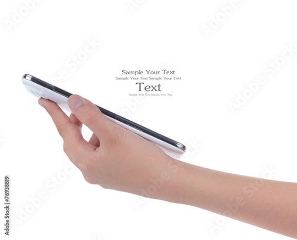 Obraz Hand holding a smart phone isolated on white