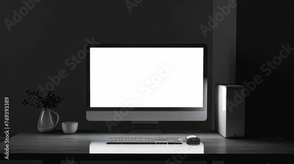 Fototapeta Gravity-defying computer: white screen floating in space