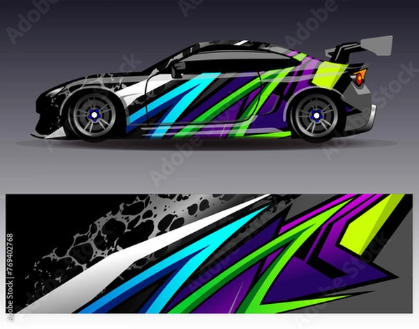 Fototapeta Car wrap design vector.Graphic abstract stripe racing background designs for vehicle, rally, race, adventure and car racing livery