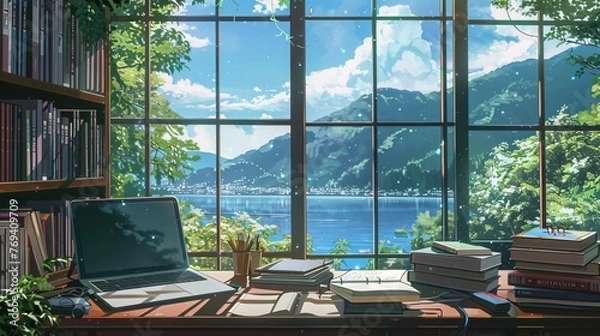 Fototapeta Aesthetics workspace with large window to look a lake view with a beautiful mountain, laptop and books on desk and a big bookcase, anime style background wallpaper