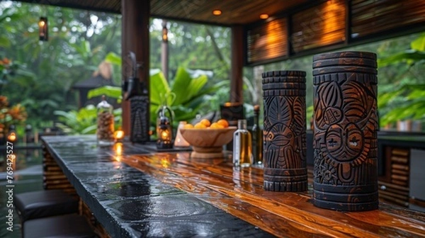 Fototapeta Tiki Bar Counter with Tropical Decor and Rainforest View