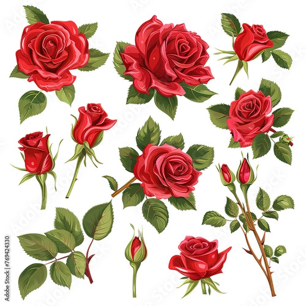Fototapeta Beautiful bouquet flowers of red and scarlet blooming roses with leaves and buds, Lovely floral design element. isolated on a Transparent Background. Generative AI