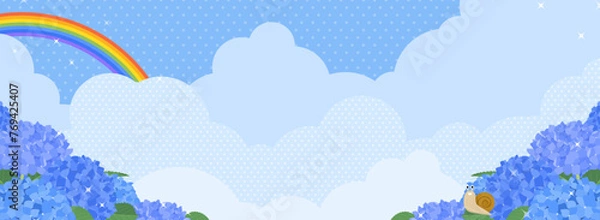 Fototapeta 虹のかかった青空と満開のアジサイ＆かたつむり（バナー向け横長）