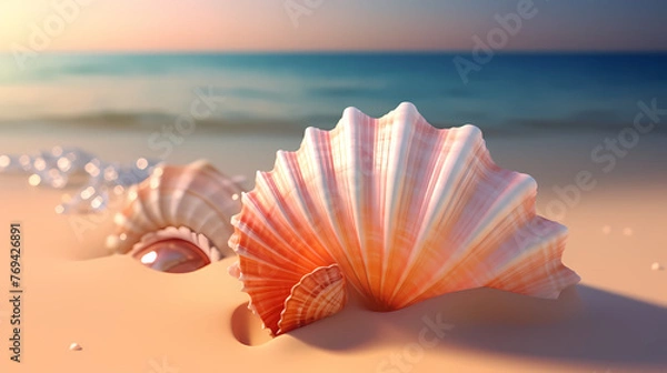 Fototapeta Small conch shells on the beach, blurred beach and bokeh background