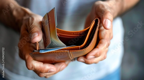 Fototapeta Financial stress concept, A worried man opens an empty wallet, indicating a lack of funds to pay bills or expenses. No credit card is available