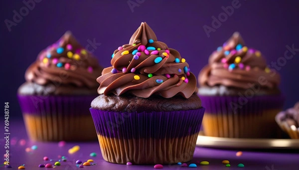 Fototapeta chocolate cupcake with chocolate frosting and sprinkles on a purple background