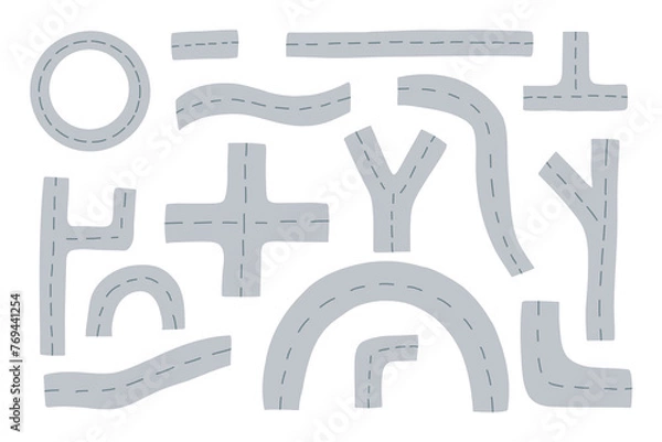 Fototapeta Vector set of road with crossroads, footpath and white markings. Bending asphalt roads and highways vector illustration. Hand drawn road and traffic streets for city map.