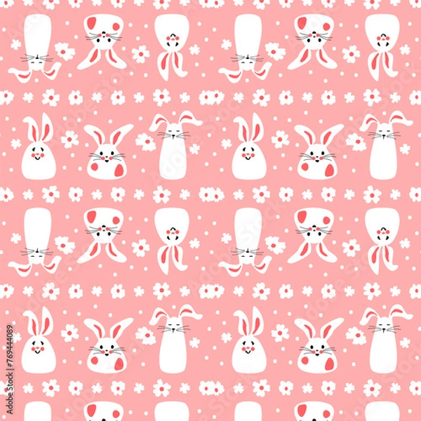 Fototapeta Seamless pattern with cute white rabbits with flowers. Easter bunnies for printing on childrens products, fabric and wallpaper on a pink background. Cartoon flat vector illustration.