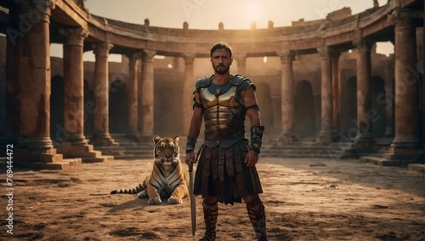 Fototapeta a roman gladiator stands in a dusty arena