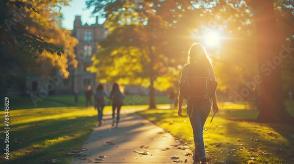 Obraz Golden Hour at the Campus: Student Walking in the Autumn Light