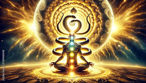 Fototapeta A man is meditation in the center of a circle with a Kundalini snake around his neck. The snake is surrounded by a golden of colors. The man is meditating Spiritual awakening universe spirit