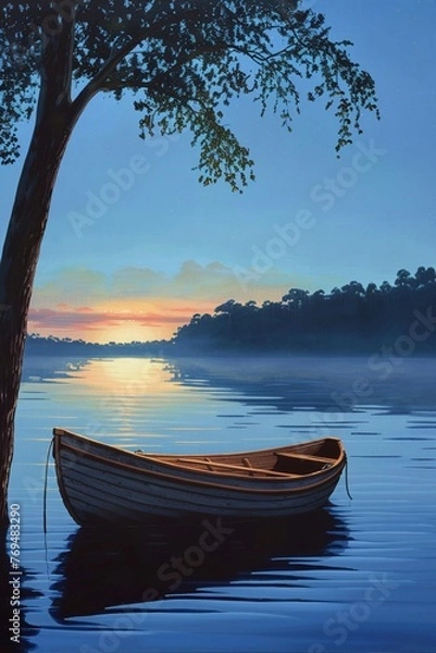 Fototapeta The soft light of dawn illuminates a gentle wooden boat as it drifts across the tranquil lake , Psychedelic funk art