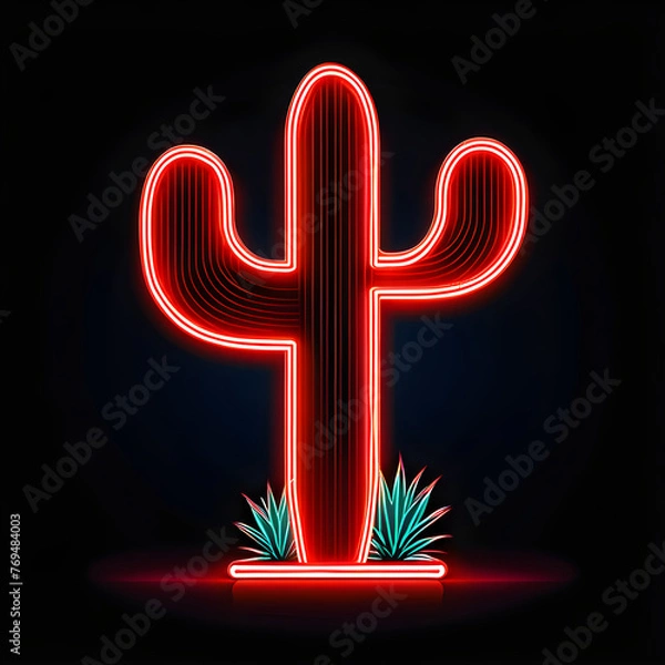Fototapeta Radiant Red Neon Cactus Icon: Eye-catching Symbol for Desert-Themed Designs(Generative AI)