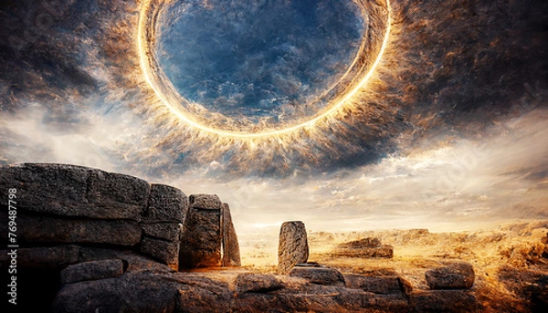 Fototapeta A large, fiery circle star gate is in the sky above a rocky landscape. The sky is cloudy and the sun is setting, creating a moody atmosphere