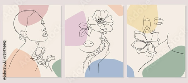 Fototapeta Set of faces with flower. Abstract minimal portrait. - Vector illustration