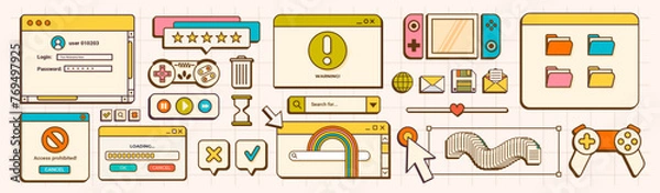 Fototapeta Retro user interface vaporwave elements. Trendy retro 90s and 00s style. Modern nostalgic old computer ui and dialogue windows. Vintage vector interface icons and elements.