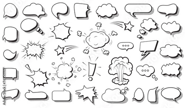 Fototapeta A set of speech bubbles. Halftone shadows. Vector illustration of a doodle icon in the form of a comic speech bubble, a text message. Vector sketch illustration