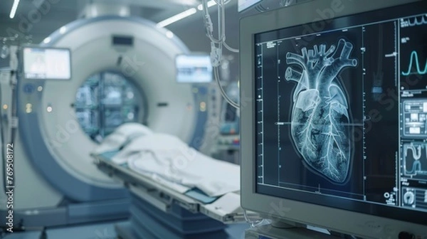 Fototapeta Advanced computed tomography (CT) scanner in a hospital room displaying a detailed scan of a human heart on the monitor.
