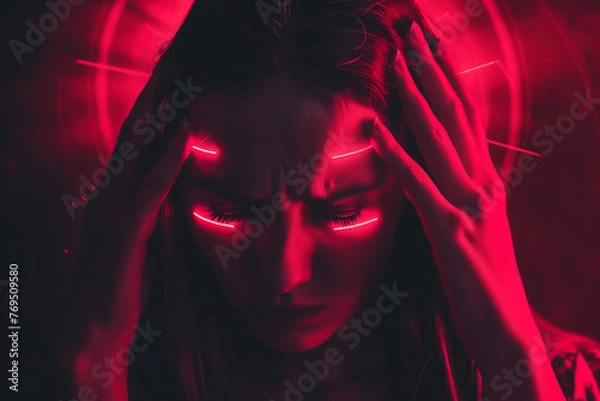Fototapeta Migraine headache which is causing severe suffering in the brain, felt as a throbbing pain to the head or optical flashes in the eyes, stock illustration image