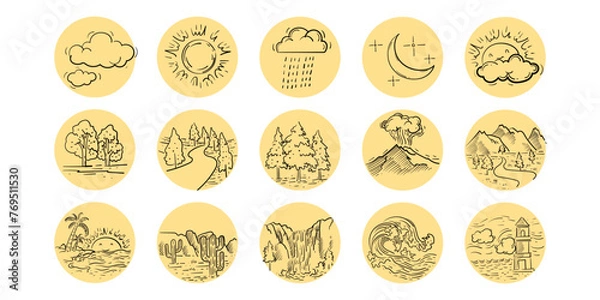 Obraz Landscape and landforms icon set. Natural, terrain, line stroke hand drawn.