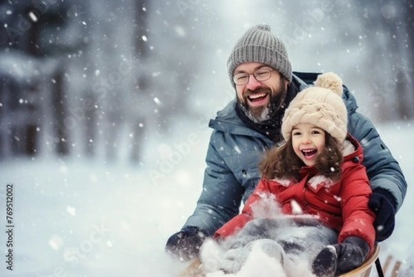 Fototapeta Father and daughter enjoying a sled ride in the snow