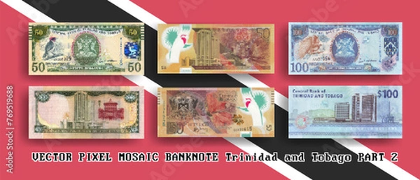 Fototapeta Vector set pixel mosaic banknotes of Trinidad and Tobago. Collection notes in denominations of 50 and 100 dollars. Obverse and reverse. Play money or flyers. Part 2