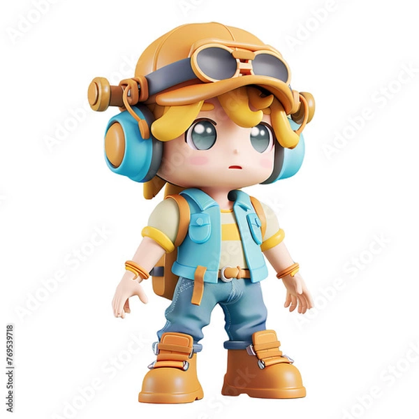 Fototapeta A cute boy featured in a 3D clay render, sporting a maiden hat alongside funky tech accessories and game-inspired clothes