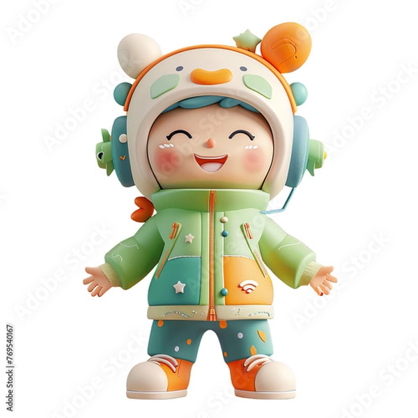 Fototapeta A happy boy in a 3D clay render, sporting a maiden hat with funky game and tech elements on his stylish clothes