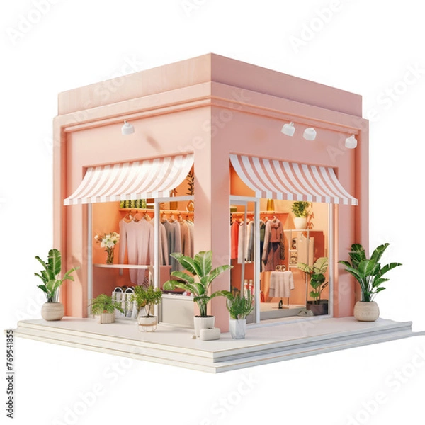 Fototapeta Fashion boutique minimalistic isometric 3D clay rendering, showcasing the latest trends with potted plants adding a touch of nature outside