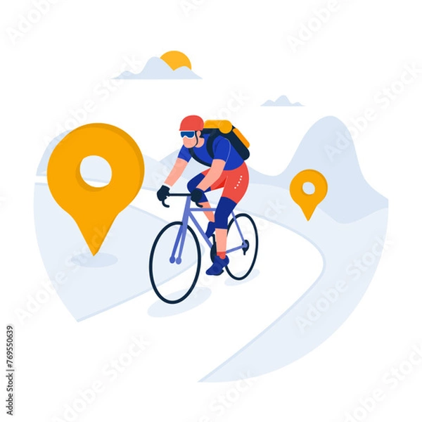 Obraz A vector character cycling with a bag on his back, finally reaching his intended location