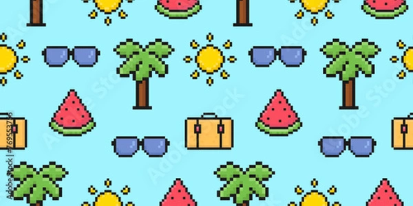 Obraz summer pattern with pixel art elements, sunglasses, palm, sun, watermelon, suitcase, seamless pattern for backgrounds, wrapping and more, vector illustration