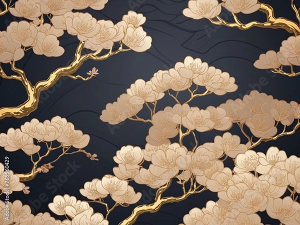 Obraz gold oriental style background vector. Chinese and Japanese wallpaper pattern design of elegant cherry blossom tree with gold line texture. Design illustration for decoration