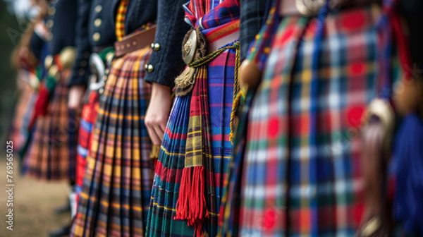 Fototapeta Image focuses on the tartan patterns of Scottish kilts worn by a row of people, possibly at a cultural event or gathering