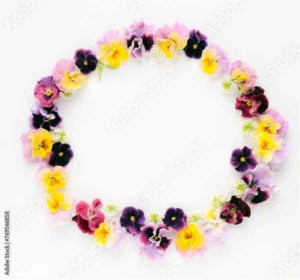 Obraz 春の花のフレーム、白背景にビオラとパンジーの花輪