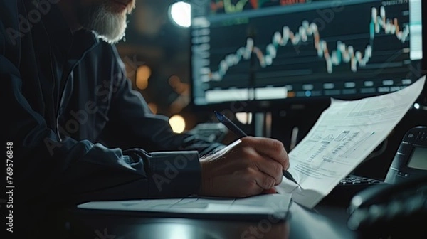 Obraz A close-up view depicts a businessman holding a paper and drawing stock charts, accompanied by a digital business interface, underscoring the essence of business and trade 