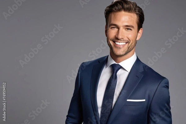 Fototapeta Portrait beautiful model business man in suit with white teeth smile on grey background. Generative AI