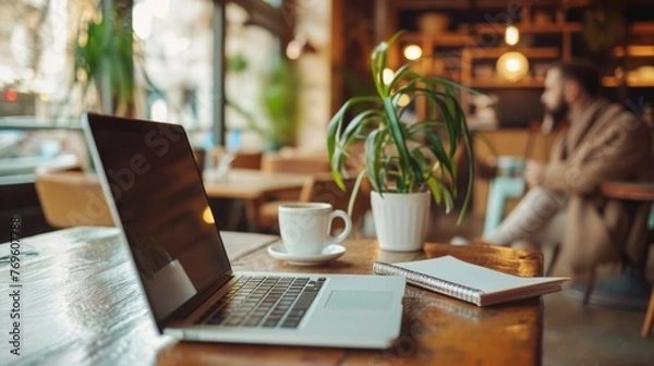 Fototapeta Coffee cup of businessman on cafe table with laptop computer