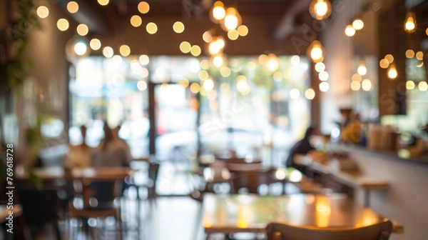 Fototapeta Blurred cafe background, abstract photo of a restaurant with the blurred bokeh
