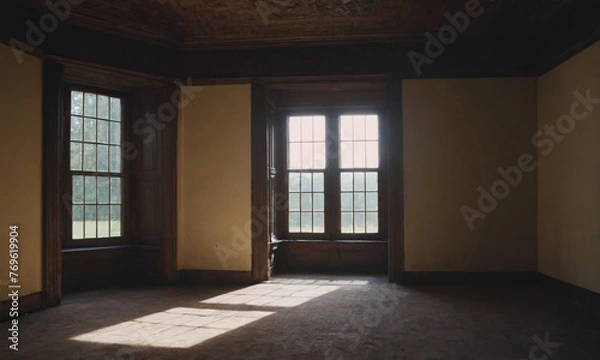 Fototapeta Serene Empty Room with Wooden Floors, Green Walls, and Natural Light