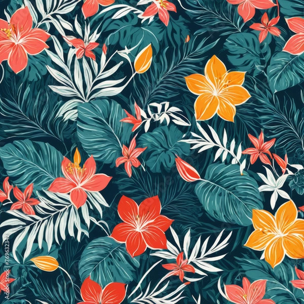 Obraz Colorful Flower Pattern on Blue Background. Generative AI