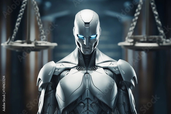 Fototapeta A robot with artificial intelligence next to the scales of justice making legal decisions