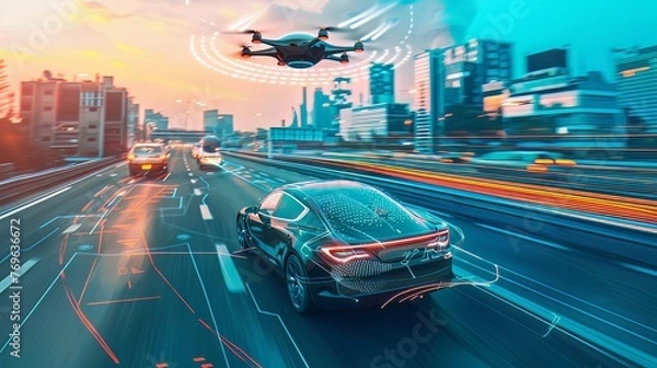 Fototapeta Autonomous Vehicles: In an image representing autonomous vehicles, vehicles such as a car or drone are in a specific scene to demonstrate their self-driving ability.